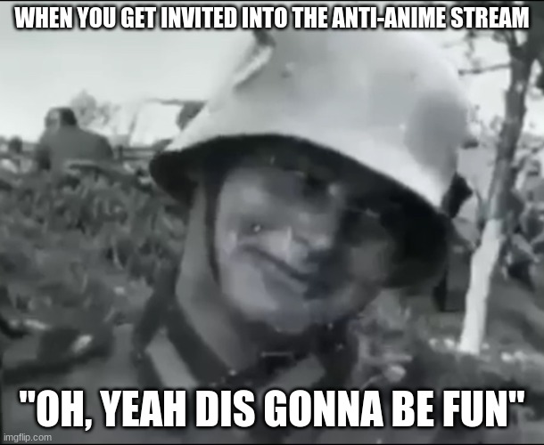 Thanks for the invite | WHEN YOU GET INVITED INTO THE ANTI-ANIME STREAM; "OH, YEAH DIS GONNA BE FUN" | image tagged in hanz the german soldier | made w/ Imgflip meme maker