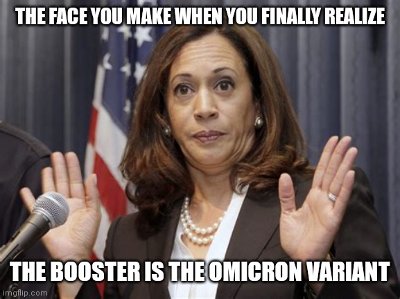 KAMALA HARRIS TESTS POSITIVE |  THE FACE YOU MAKE WHEN YOU FINALLY REALIZE; THE BOOSTER IS THE OMICRON VARIANT | image tagged in kamala harris positive covid,the face you make when,covid-19,coronavirus,covid vaccine,covidiots | made w/ Imgflip meme maker