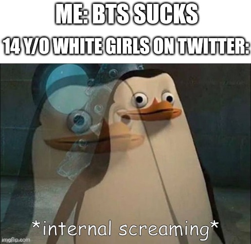 Private Internal Screaming | ME: BTS SUCKS; 14 Y/O WHITE GIRLS ON TWITTER: | image tagged in private internal screaming | made w/ Imgflip meme maker