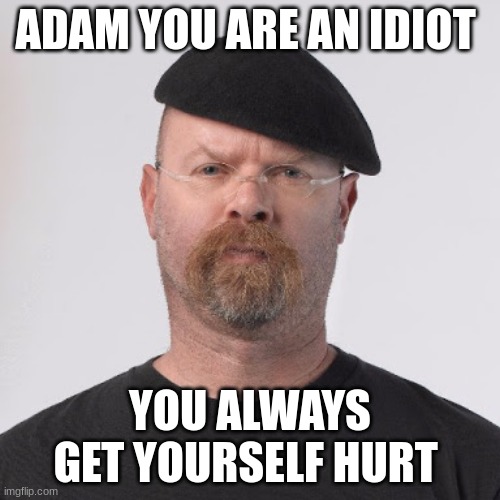 adam you idiot | ADAM YOU ARE AN IDIOT; YOU ALWAYS GET YOURSELF HURT | image tagged in jamie hyneman | made w/ Imgflip meme maker