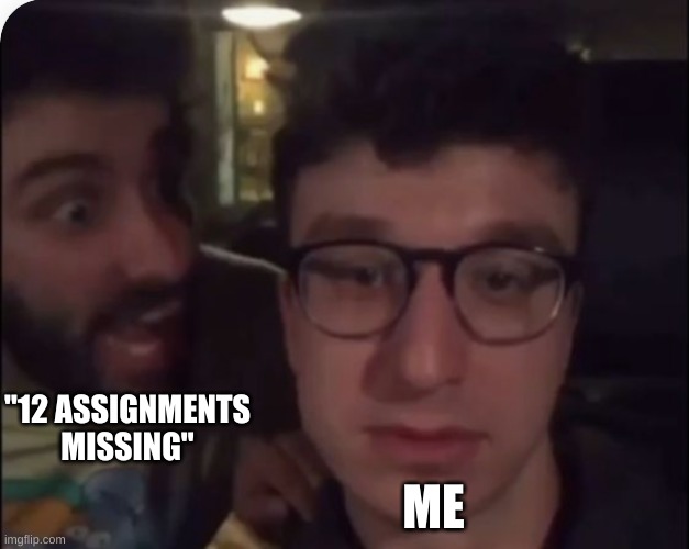 Siblings be like | "12 ASSIGNMENTS MISSING"; ME | image tagged in siblings be like | made w/ Imgflip meme maker