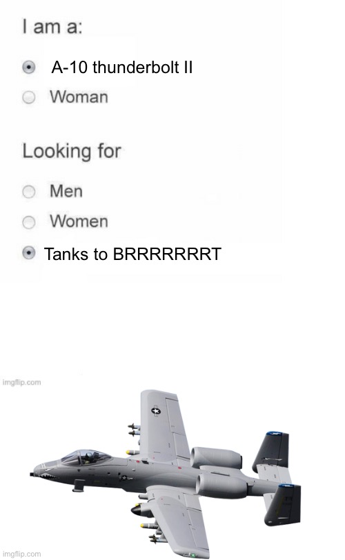 A-10 thunderbolt II; Tanks to BRRRRRRRT | image tagged in survey of i am a,brrrrrrrt | made w/ Imgflip meme maker