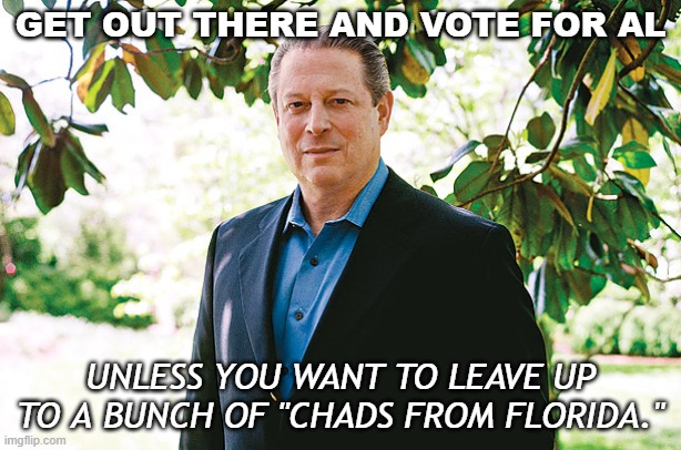 Revising the Presidential Campaign of 2000 [part seven] | GET OUT THERE AND VOTE FOR AL; UNLESS YOU WANT TO LEAVE UP TO A BUNCH OF "CHADS FROM FLORIDA." | image tagged in al gore statue,conspiracy theory,democracy,democrats | made w/ Imgflip meme maker