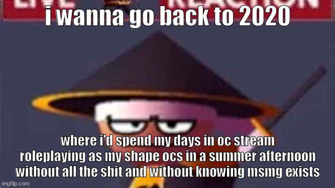 :( | i wanna go back to 2020; where i'd spend my days in oc stream roleplaying as my shape ocs in a summer afternoon without all the shit and without knowing msmg exists | image tagged in this | made w/ Imgflip meme maker