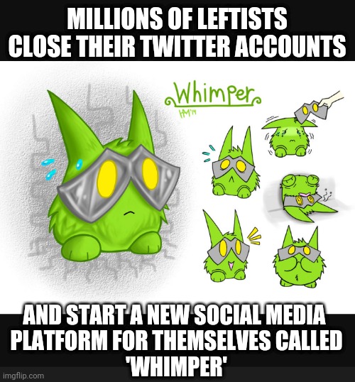 Whimper & Whine | MILLIONS OF LEFTISTS CLOSE THEIR TWITTER ACCOUNTS; AND START A NEW SOCIAL MEDIA 
PLATFORM FOR THEMSELVES CALLED
'WHIMPER' | image tagged in liberals,democrats,elon musk,twitter,joe biden | made w/ Imgflip meme maker