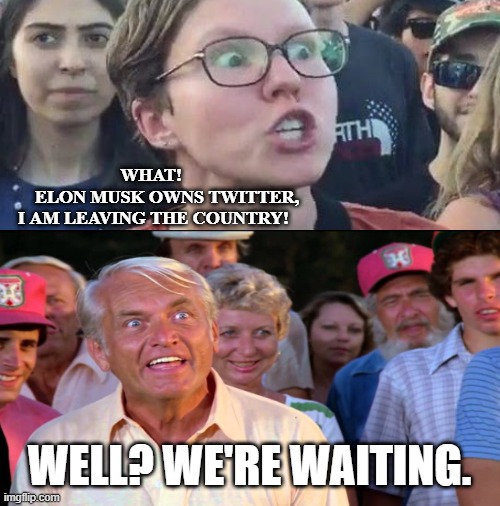 Liberal meltdown, Elon takes twitter |  WHAT! 
      ELON MUSK OWNS TWITTER, I AM LEAVING THE COUNTRY! WELL? WE'RE WAITING. | image tagged in elon musk,twitter,mad liberals,freedom of speech,conservatives,caddyshack | made w/ Imgflip meme maker