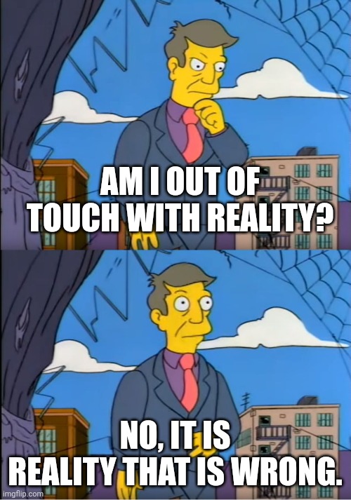 Skinner Out Of Touch | AM I OUT OF TOUCH WITH REALITY? NO, IT IS REALITY THAT IS WRONG. | image tagged in skinner out of touch | made w/ Imgflip meme maker