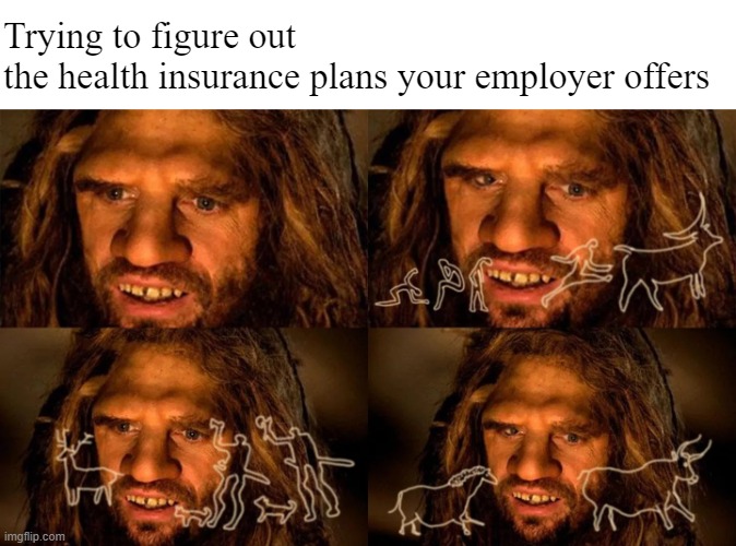 Instructions unclear; invented fire | Trying to figure out 
the health insurance plans your employer offers | made w/ Imgflip meme maker