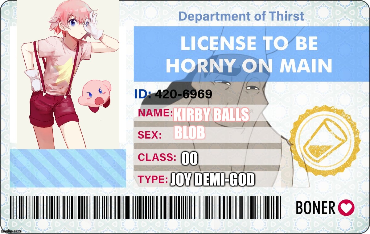 Kirby License | BLOB; KIRBY BALLS; 00; JOY DEMI-GOD | image tagged in license to be horny on main | made w/ Imgflip meme maker