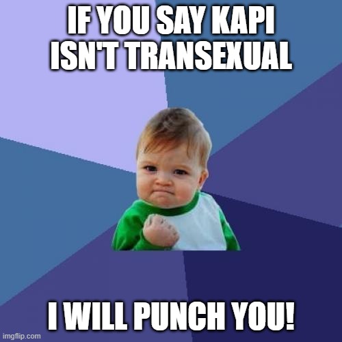 I HATE KAPI | IF YOU SAY KAPI ISN'T TRANSEXUAL; I WILL PUNCH YOU! | image tagged in memes,success kid | made w/ Imgflip meme maker