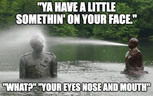 When your brother is ugly | "YA HAVE A LITTLE SOMETHIN' ON YOUR FACE."; "WHAT?" "YOUR EYES NOSE AND MOUTH" | image tagged in annoying,statues | made w/ Imgflip meme maker