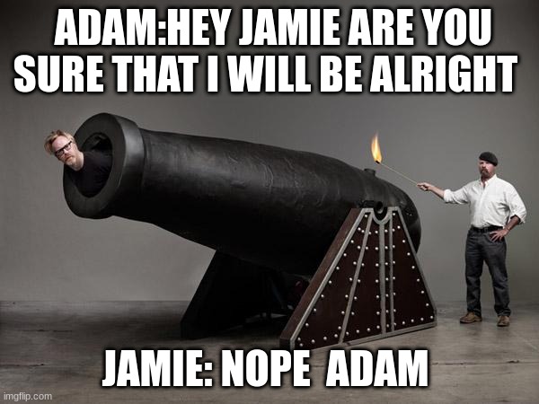 adam is not alright | ADAM:HEY JAMIE ARE YOU SURE THAT I WILL BE ALRIGHT; JAMIE: NOPE  ADAM | image tagged in mythbusterscanon | made w/ Imgflip meme maker