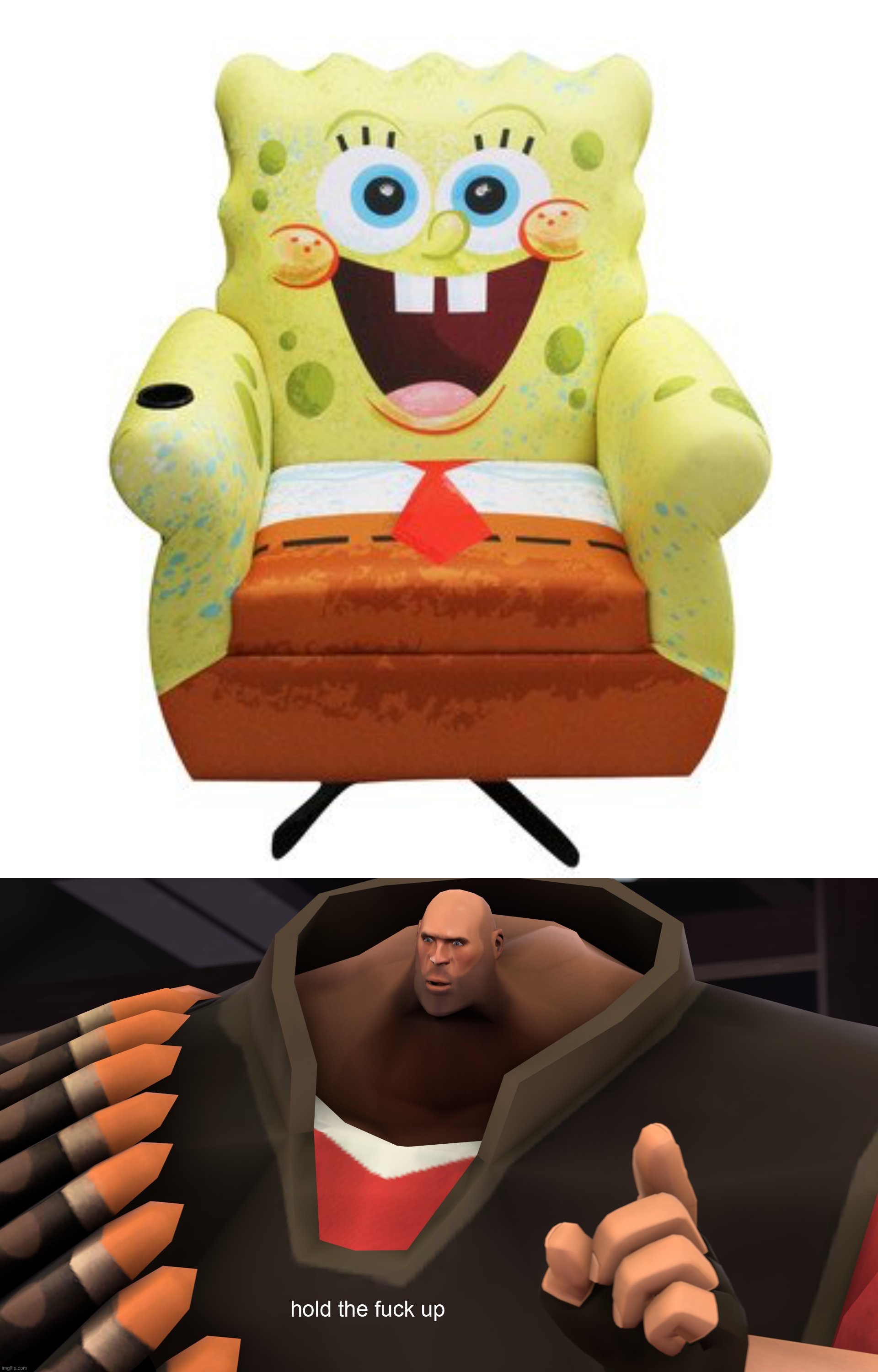 image tagged in tf2 heavy,spongebob,chair,memeboi987 made this | made w/ Imgflip meme maker