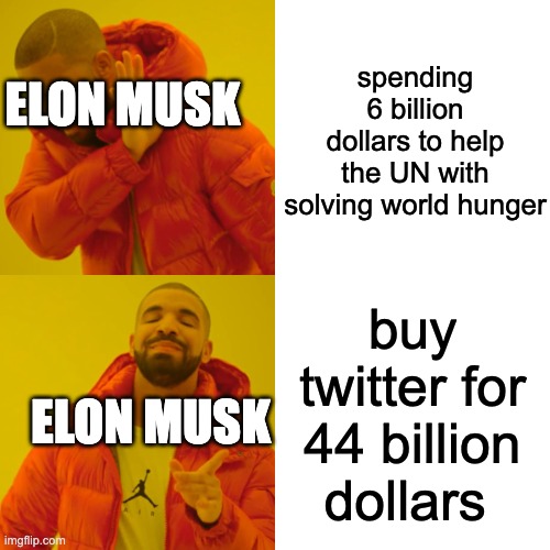 the most controversial thing ever | spending 6 billion dollars to help the UN with solving world hunger; ELON MUSK; buy twitter for 44 billion dollars; ELON MUSK | image tagged in memes,drake hotline bling,twitter,elon musk | made w/ Imgflip meme maker