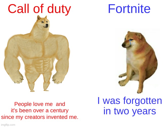 Buff Doge vs. Cheems | Call of duty; Fortnite; People love me  and it's been over a century since my creators invented me. I was forgotten in two years | image tagged in memes,buff doge vs cheems | made w/ Imgflip meme maker