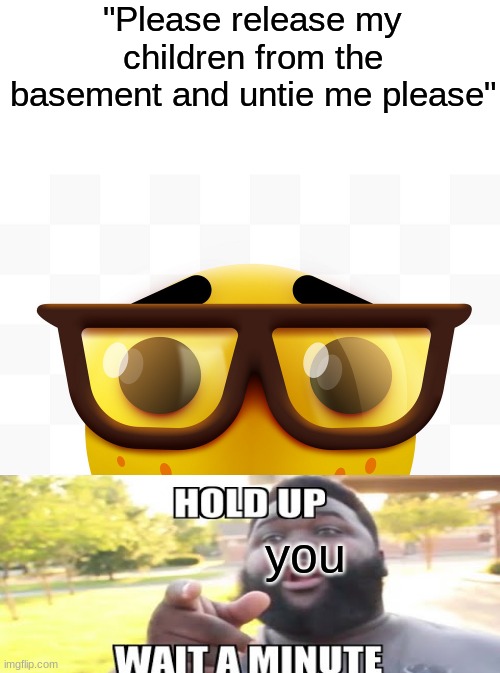Hold up, wait a minute.... | "Please release my children from the basement and untie me please"; you | image tagged in nerd emoji,hold up wait a minute something aint right,hold up,wait a minute | made w/ Imgflip meme maker