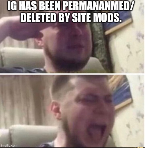 I don’t know for sure, but he said he was permabanmed and asked me to post something for him. | IG HAS BEEN PERMANANMED/ DELETED BY SITE MODS. | image tagged in crying salute,deleted accounts | made w/ Imgflip meme maker