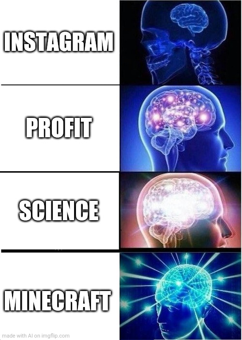 Apps | INSTAGRAM; PROFIT; SCIENCE; MINECRAFT | image tagged in memes,expanding brain | made w/ Imgflip meme maker