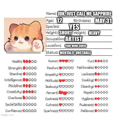 lol its me | IDK, JUST CALL ME SAPPHIRE; 12; MAY 31; YES; HEAVY; SHORT; ARTIST; YOUR MOMS HOUSE; MENTALLY UNSTABLE | image tagged in profile card | made w/ Imgflip meme maker