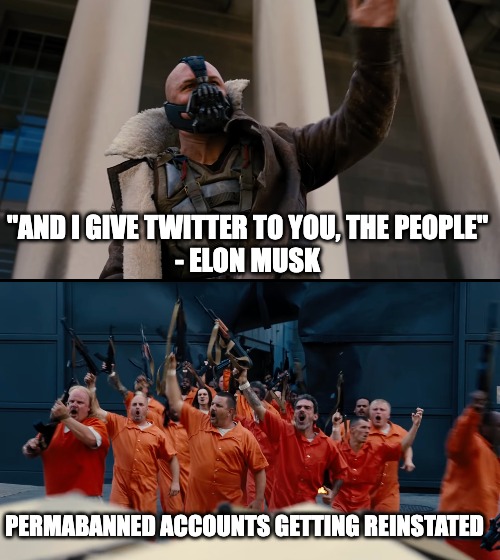 Twitter has gotten lit ? |  "AND I GIVE TWITTER TO YOU, THE PEOPLE"
- ELON MUSK; PERMABANNED ACCOUNTS GETTING REINSTATED | image tagged in twitter,elon musk,bane | made w/ Imgflip meme maker