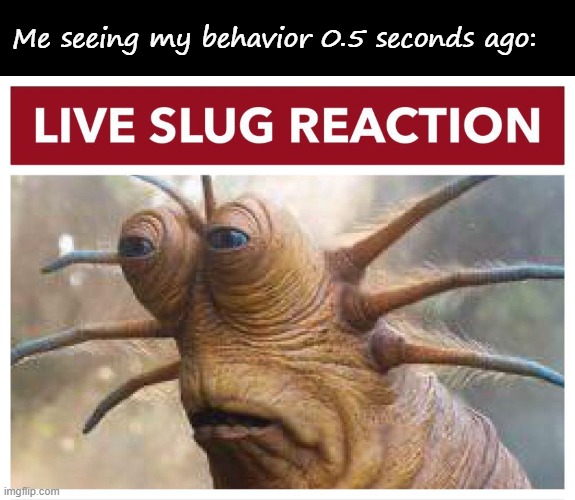 Me seeing my behavior 0.5 seconds ago: | image tagged in blank black,live slug reaction | made w/ Imgflip meme maker