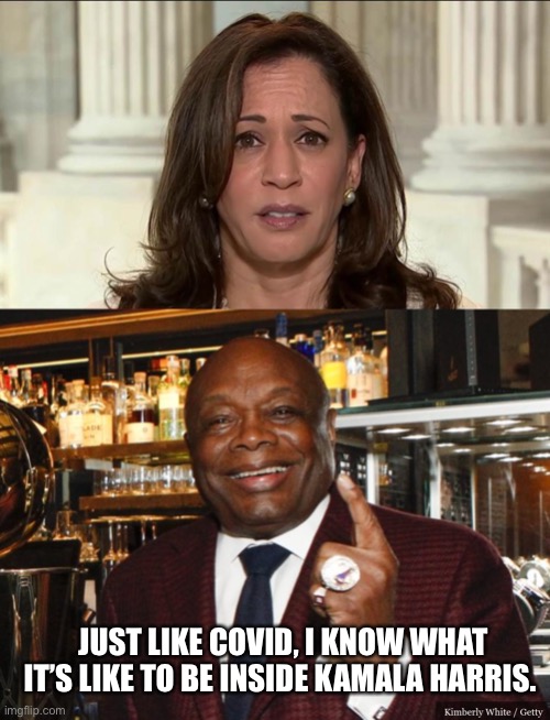 Poor Covid | JUST LIKE COVID, I KNOW WHAT IT’S LIKE TO BE INSIDE KAMALA HARRIS. | image tagged in kamala harris,willie brown | made w/ Imgflip meme maker