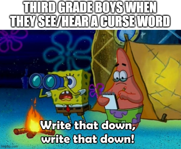write that down | THIRD GRADE BOYS WHEN THEY SEE/HEAR A CURSE WORD | image tagged in write that down | made w/ Imgflip meme maker