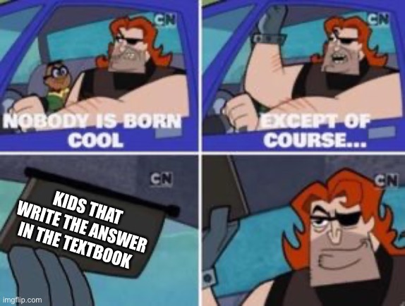 no one is born cool except | KIDS THAT WRITE THE ANSWER IN THE TEXTBOOK | image tagged in no one is born cool except,funny,nobody is born cool,memes,funny memes,funny meme | made w/ Imgflip meme maker