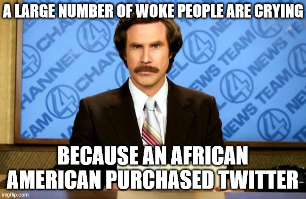BREAKING NEWS |  A LARGE NUMBER OF WOKE PEOPLE ARE CRYING; BECAUSE AN AFRICAN AMERICAN PURCHASED TWITTER | image tagged in breaking news | made w/ Imgflip meme maker