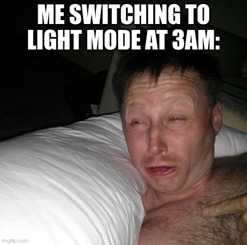 Limmy waking up | ME SWITCHING TO LIGHT MODE AT 3AM: | image tagged in limmy waking up | made w/ Imgflip meme maker