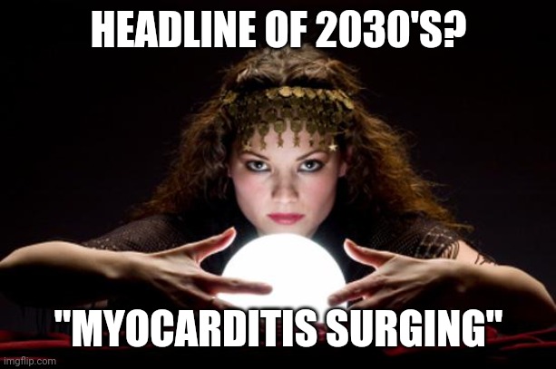 Encourage a leftist to vax |  HEADLINE OF 2030'S? "MYOCARDITIS SURGING" | image tagged in fortune teller | made w/ Imgflip meme maker
