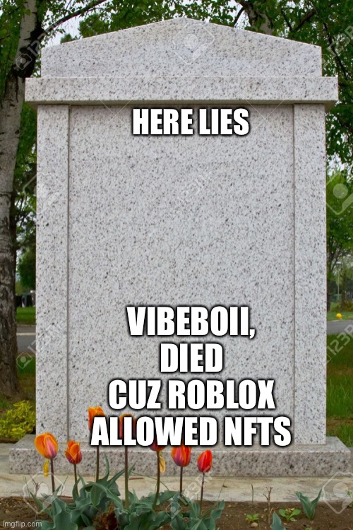 blank gravestone | HERE LIES VIBEBOII, DIED CUZ ROBLOX ALLOWED NFTS | image tagged in blank gravestone | made w/ Imgflip meme maker