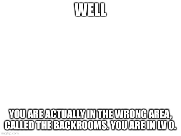 Blank White Template | WELL YOU ARE ACTUALLY IN THE WRONG AREA, CALLED THE BACKROOMS. YOU ARE IN LV 0. | image tagged in blank white template | made w/ Imgflip meme maker