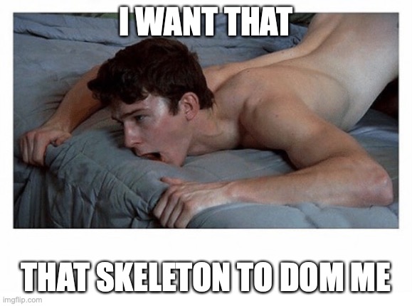 Innocent Pornstar | I WANT THAT THAT SKELETON TO DOM ME | image tagged in innocent pornstar | made w/ Imgflip meme maker