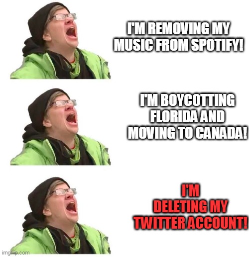 Liberals always crying |  I'M REMOVING MY MUSIC FROM SPOTIFY! I'M BOYCOTTING FLORIDA AND MOVING TO CANADA! I'M DELETING MY TWITTER ACCOUNT! | image tagged in crying liberal,elon,twitter,elon musk | made w/ Imgflip meme maker