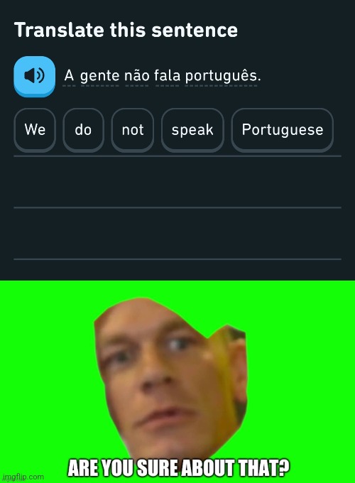 Duolingo doesn't know what it's saying. (Portuguese, btw.) | image tagged in are you sure about that,duolingo,mistakes | made w/ Imgflip meme maker