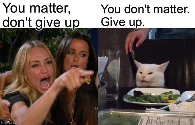 Woman Yelling At Cat Meme | You matter, don't give up You don't matter. 
Give up. | image tagged in memes,woman yelling at cat | made w/ Imgflip meme maker