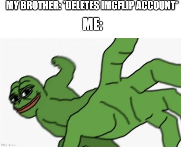 Pawunched | MY BROTHER: *DELETES IMGFLIP ACCOUNT*; ME: | image tagged in pepe punch | made w/ Imgflip meme maker