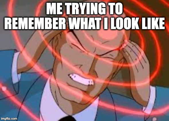 lex luthor thinking | ME TRYING TO REMEMBER WHAT I LOOK LIKE | image tagged in lex luthor thinking | made w/ Imgflip meme maker