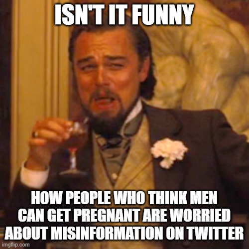 Laughing Leo Meme | ISN'T IT FUNNY HOW PEOPLE WHO THINK MEN CAN GET PREGNANT ARE WORRIED ABOUT MISINFORMATION ON TWITTER | image tagged in memes,laughing leo | made w/ Imgflip meme maker