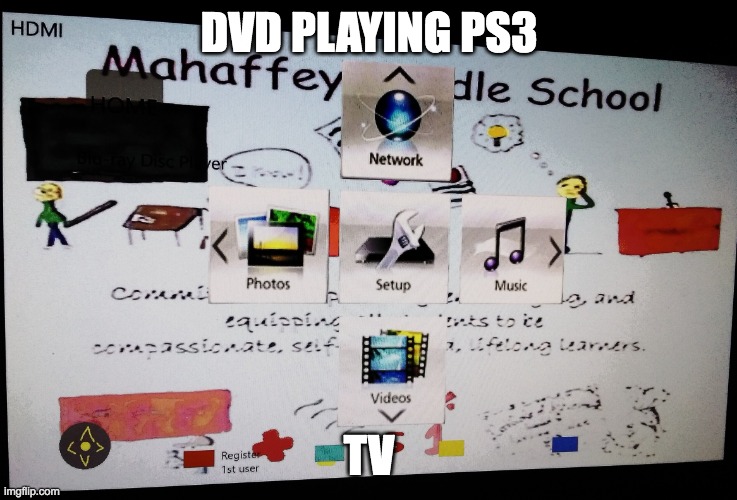 dvd player on ps4 | DVD PLAYING PS3; TV | image tagged in mahaffey middle school panasonic film tv | made w/ Imgflip meme maker