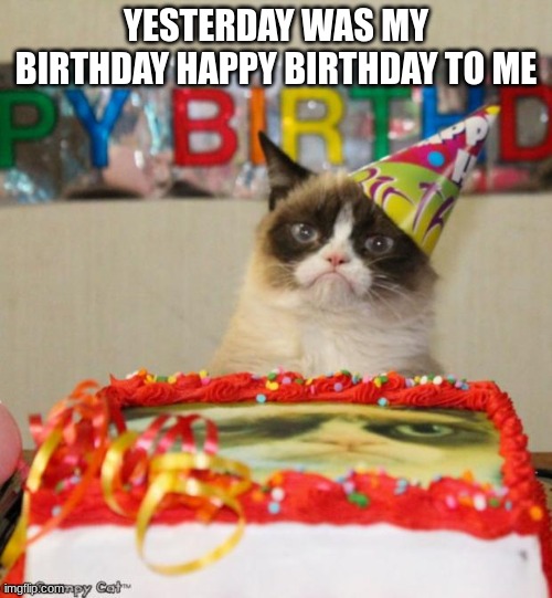 my b-day | YESTERDAY WAS MY BIRTHDAY HAPPY BIRTHDAY TO ME | image tagged in memes,grumpy cat birthday,grumpy cat | made w/ Imgflip meme maker