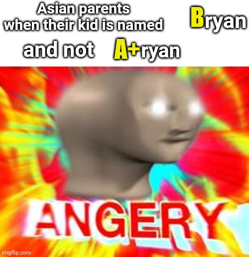 Asian parents be lile | Asian parents when their kid is named; B; ryan; ryan; A+; and not | image tagged in surreal angery | made w/ Imgflip meme maker