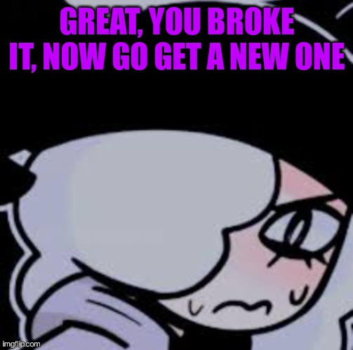 Mad ruby | GREAT, YOU BROKE IT, NOW GO GET A NEW ONE | image tagged in mad ruby | made w/ Imgflip meme maker