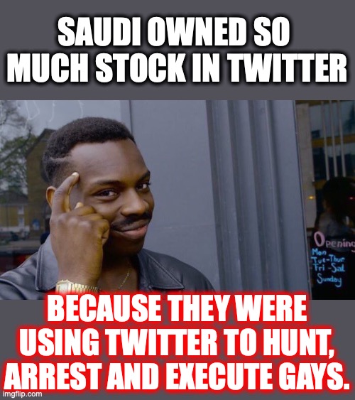 Twitter employees were assisting in the hunting of gays. But Orange Man Bad™, right? | SAUDI OWNED SO 
MUCH STOCK IN TWITTER; BECAUSE THEY WERE USING TWITTER TO HUNT, ARREST AND EXECUTE GAYS. | image tagged in 2022,human rights violations,twitter,liberals,criminals,liars | made w/ Imgflip meme maker