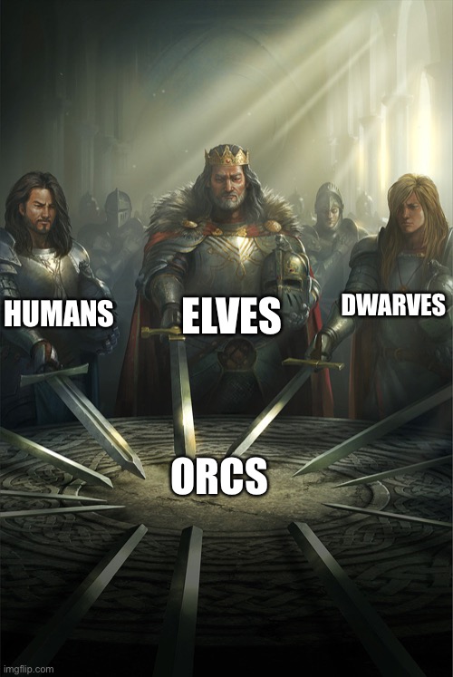 Swords united | ELVES; HUMANS; DWARVES; ORCS | image tagged in swords united | made w/ Imgflip meme maker