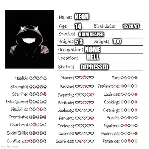 Me.. | 14; 12/28/07; KEON; 100; 5’3; NONE; GRIM REAPER; HELL; DEPRESSED | image tagged in profile card | made w/ Imgflip meme maker