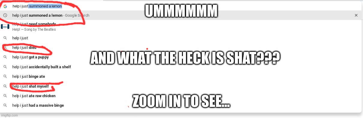 What the heck Google... | UMMMMMM; AND WHAT THE HECK IS SHAT??? ZOOM IN TO SEE... | image tagged in help i just | made w/ Imgflip meme maker