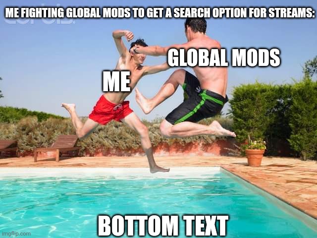 Two Men Fighting Above The Pool | ME BOTTOM TEXT GLOBAL MODS ME FIGHTING GLOBAL MODS TO GET A SEARCH OPTION FOR STREAMS: | image tagged in two men fighting above the pool | made w/ Imgflip meme maker