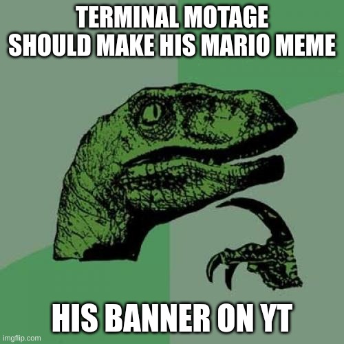 totally not woosh bait | TERMINAL MOTAGE SHOULD MAKE HIS MARIO MEME; HIS BANNER ON YT | image tagged in memes,philosoraptor,youtube,funny | made w/ Imgflip meme maker